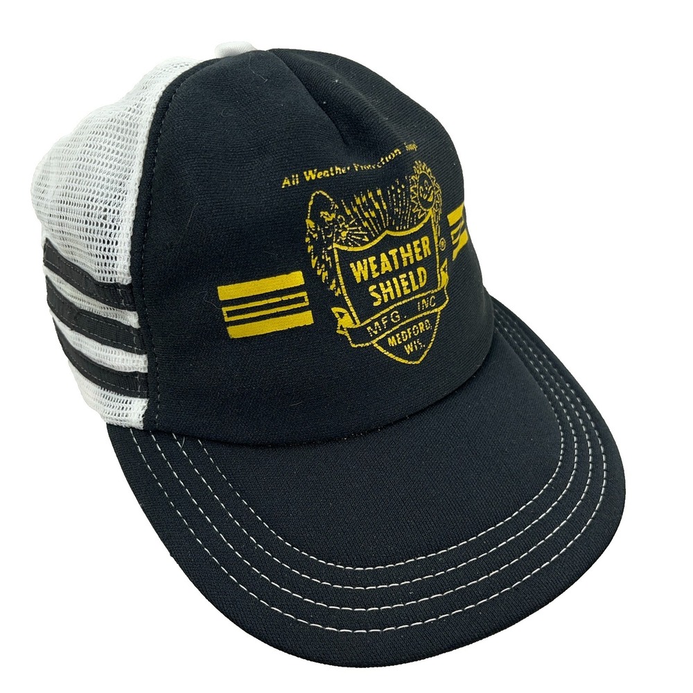 Vintage 3‎ Stripe Trucker Hat Made In USA 80s 90s Weather Shield Black White
